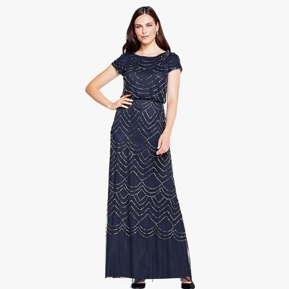 Adrianna Papell Women's Short Sleeve Blouson Beaded Gown-Size 10 - Picture 1 of 14